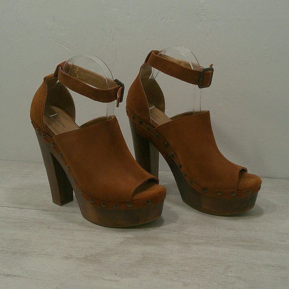 Sexy Leather Rich Brown Suede Studded Platform High Chunky Heels Size 9